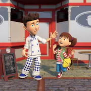 Animation of a white man in chef clothes and a young white girl high fiving outside a restaurant with red window frames