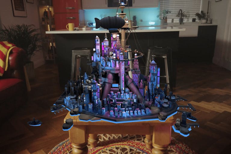 VR gameplay of a small purple-lit futuristic built-up cityscape projected onto a real life living room coffee table