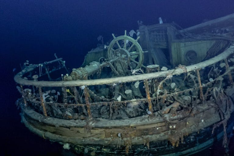 A large shipwrecked boat covered in barnacles underwater