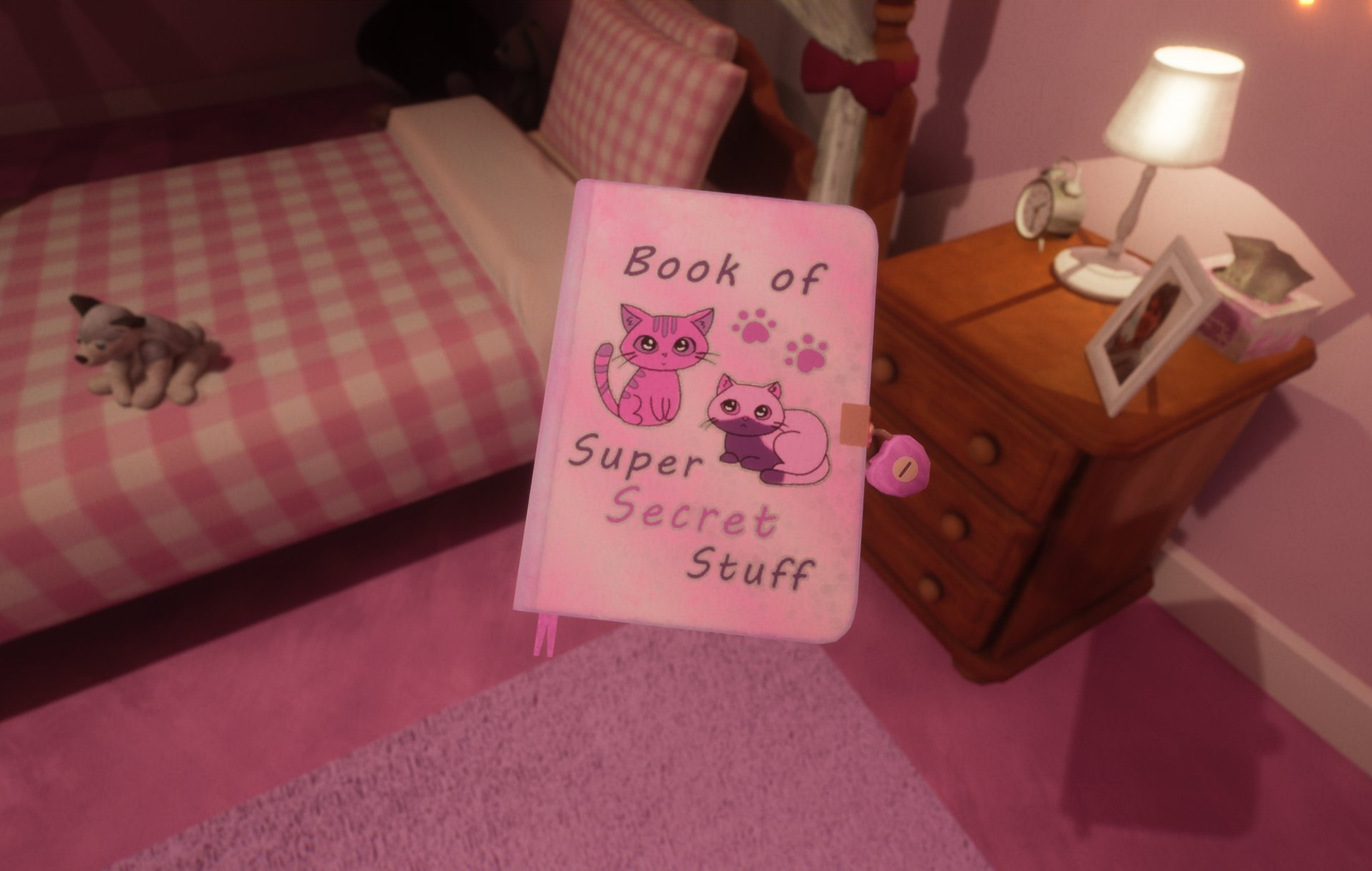 A floating pink book with a dog and cat illustration on the front. In the background, the corner of a bedroom with pink walls and furniture