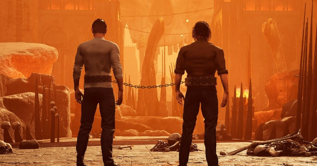 3d animation of white men facing a red hell-like chasm, chained together by their arms