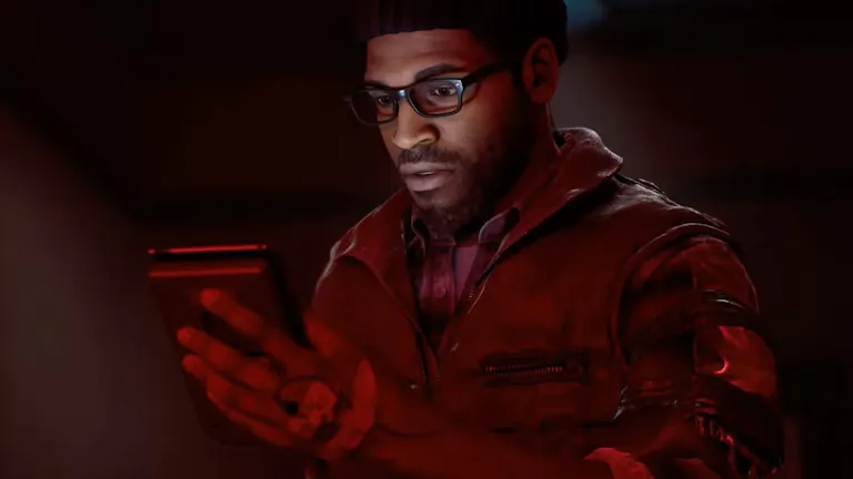 A 3D animated black man in a jacket and glasses, bathed in an eerie red light as he looks down at this phone