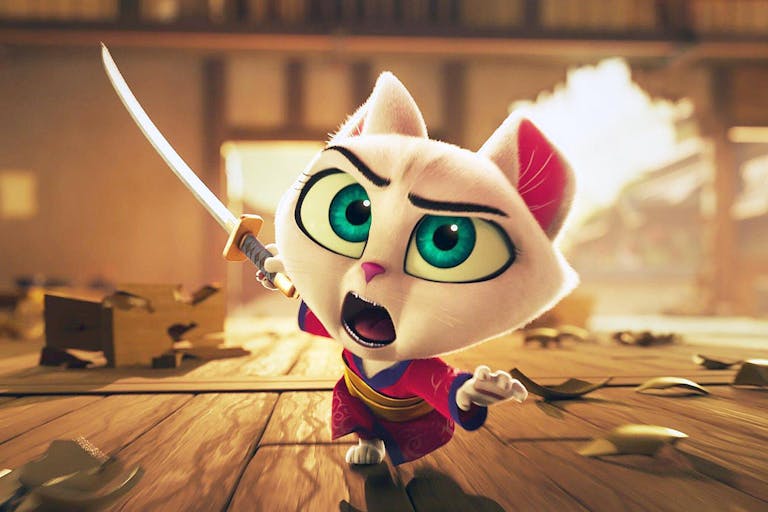 Animated cat holds a samurai sword with chaos in the background, looks to be mid-fight.