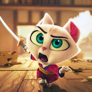 Animated cat holds a samurai sword with chaos in the background, looks to be mid-fight.