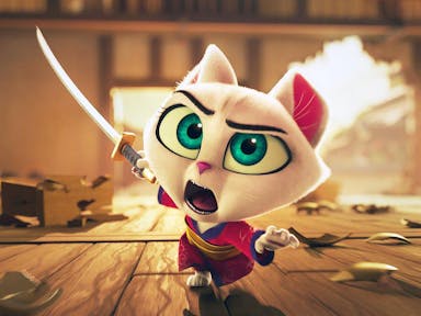 Animated cat holds a samurai sword with chaos in the background, looks to be mid-fight. 