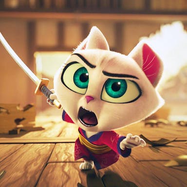 Animated cat holds a samurai sword with chaos in the background, looks to be mid-fight. 