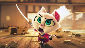Animated cat holds a samurai sword with chaos in the background, looks to be mid-fight.