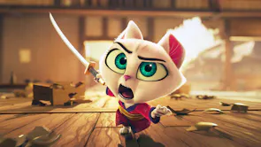 Animated cat holds a samurai sword with chaos in the background, looks to be mid-fight.