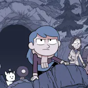 Muted-coloured animation of a young girl with grey-blue hair looking determined, flanked by a large troll, a few creatures and a man and a woman crouching in from of a cave mouth