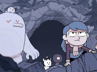 Muted-coloured animation of a young girl with grey-blue hair looking determined, flanked by a large troll, a few creatures and a man and a woman crouching in from of a cave mouth