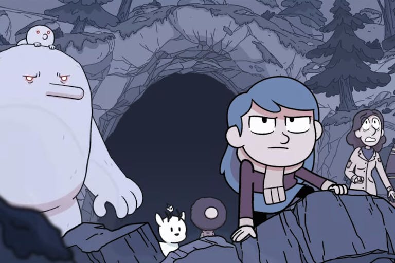 Muted-coloured animation of a young girl with grey-blue hair looking determined, flanked by a large troll, a few creatures and a man and a woman crouching in from of a cave mouth