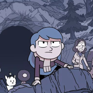 Muted-coloured animation of a young girl with grey-blue hair looking determined, flanked by a large troll, a few creatures and a man and a woman crouching in from of a cave mouth