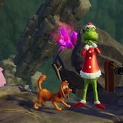 Gameplay of the Grinch, mischievous furry green figure in a red Santa outfit with his brown dog at this feet wearing one antler, standing on a dark stony mountain