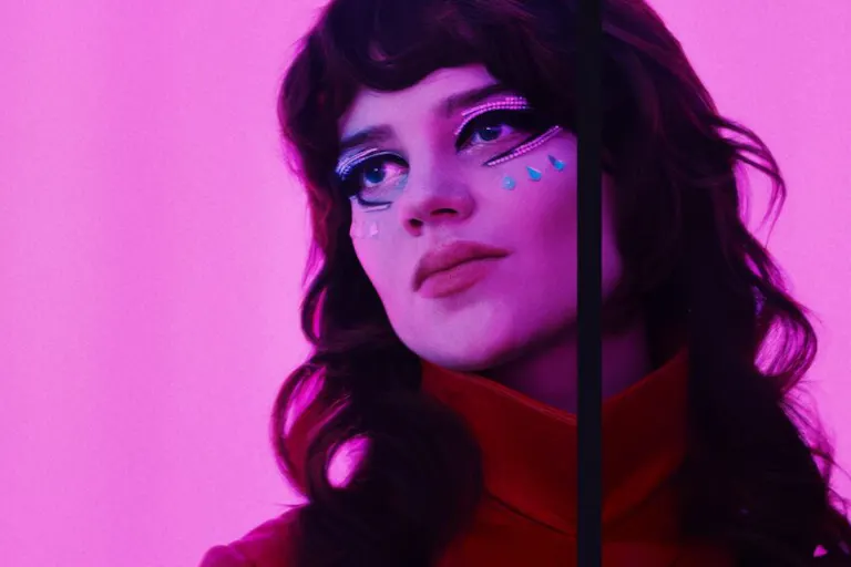 A close up of a dark-haired young white woman with face paint, bathed in a pink neon light