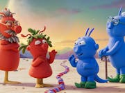 Animation of two red space creatures facing two blue space creatures across a dividing line of red and blue stones