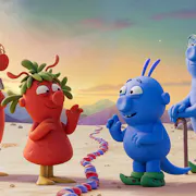 Animation of two red space creatures facing two blue space creatures across a dividing line of red and blue stones