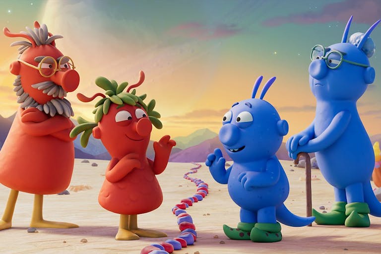 Animation of two red space creatures facing two blue space creatures across a dividing line of red and blue stones