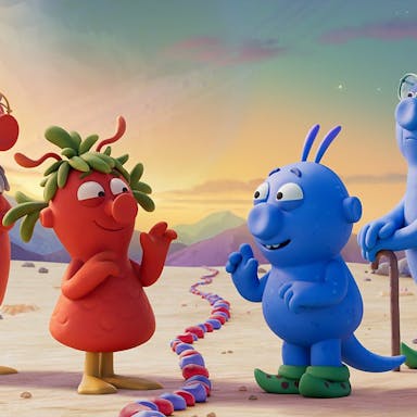 Animation of two red space creatures facing two blue space creatures across a dividing line of red and blue stones