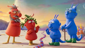 Animation of two red space creatures facing two blue space creatures across a dividing line of red and blue stones