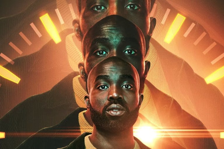 A Black man with a shaved head and beard looks down the camera, his image is repeated and enlarged behind him with an orange clock face encircling him