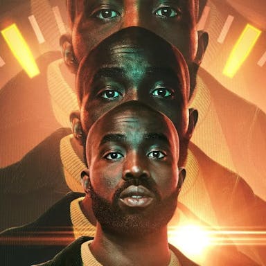A Black man with a shaved head and beard looks down the camera, his image is repeated and enlarged behind him with an orange clock face encircling him