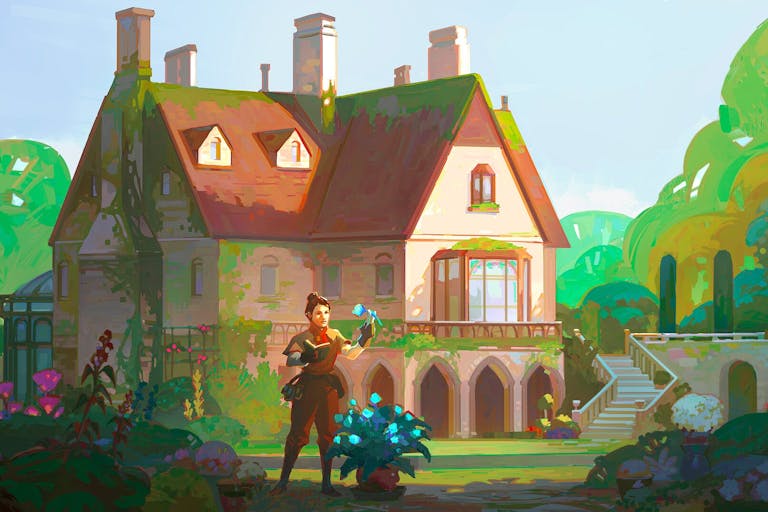 Beautiful game play of a woman picking luminous blue flowers from a garden in front of a grand home