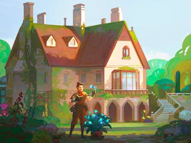 Beautiful game play of a woman picking luminous blue flowers from a garden in front of a grand home