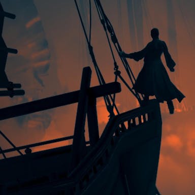 A silhouette stands holding ropes of a ship, with a smoky orange background 