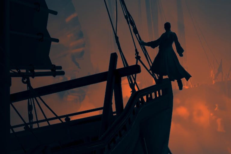 A silhouette stands holding ropes of a ship, with a smoky orange background 