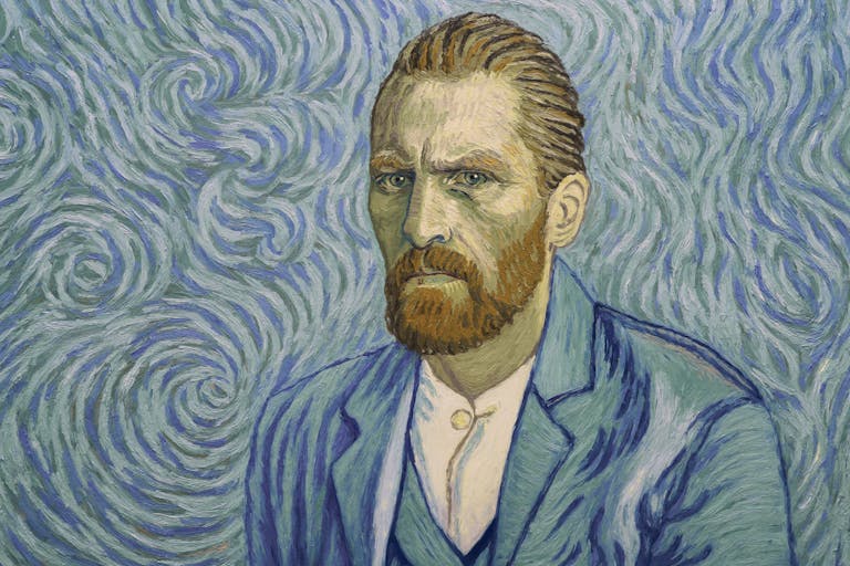 Animation in the style on Vincent Van Gogh's self portrait, ginger hair and beard, with different tones of blue swirls in the background