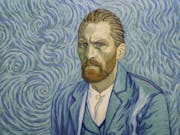 Animation in the style on Vincent Van Gogh's self portrait, ginger hair and beard, with different tones of blue swirls in the background