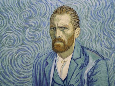 Animation in the style on Vincent Van Gogh's self portrait, ginger hair and beard, with different tones of blue swirls in the background