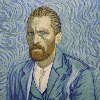 Animation in the style on Vincent Van Gogh's self portrait, ginger hair and beard, with different tones of blue swirls in the background