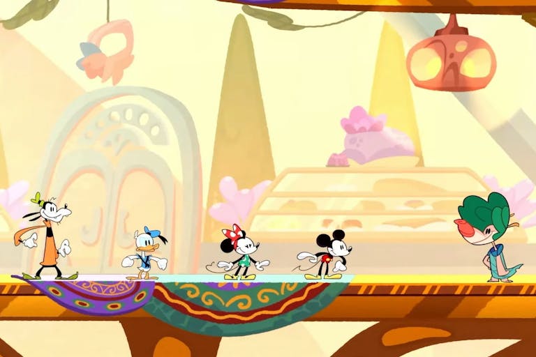 Five animated characters, Goofy, Donald Duck, Minnie Mouse, Mickey Mouse and other animal character stood in a line in a colourful world