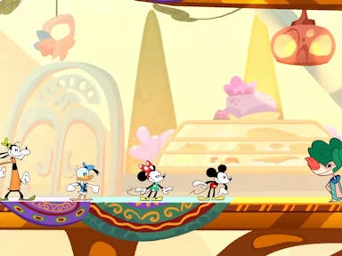 Five animated characters, Goofy, Donald Duck, Minnie Mouse, Mickey Mouse and other animal character stood in a line in a colourful world