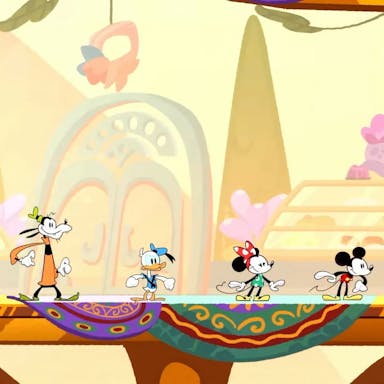 Five animated characters, Goofy, Donald Duck, Minnie Mouse, Mickey Mouse and other animal character stood in a line in a colourful world