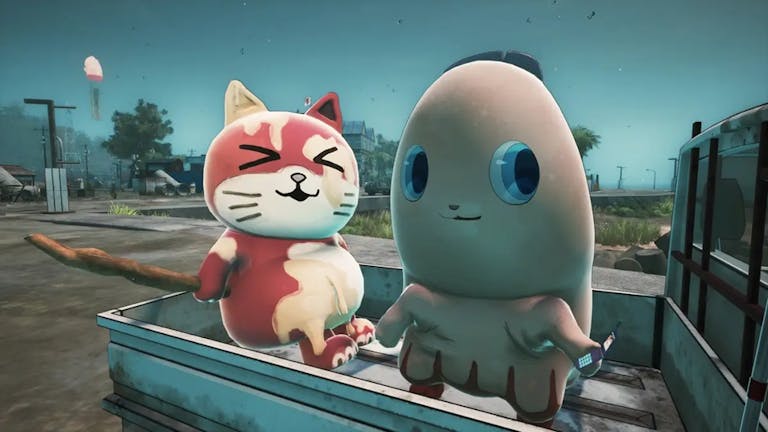 Animated gameplay of a red and white cat with an anthropomorphised thumb holding a mobile phone, sitting in the back of of a pick up truck