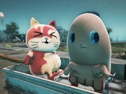Animated gameplay of a red and white cat with an anthropomorphised thumb holding a mobile phone, sitting in the back of of a pick up truck
