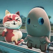 Animated gameplay of a red and white cat with an anthropomorphised thumb holding a mobile phone, sitting in the back of of a pick up truck