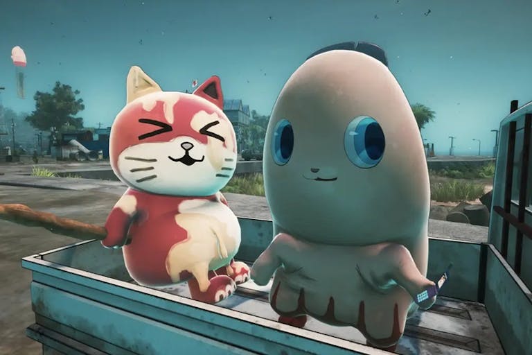 Animated gameplay of a red and white cat with an anthropomorphised thumb holding a mobile phone, sitting in the back of of a pick up truck