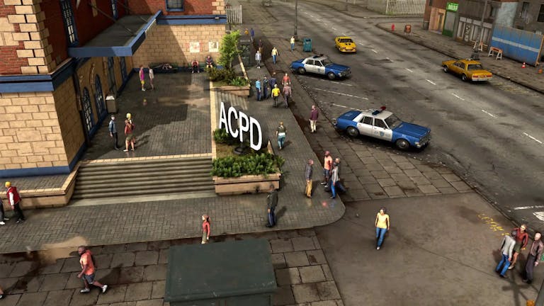 Videogame play of the outside of an American police precinct