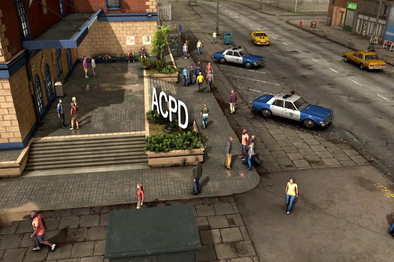 Videogame play of the outside of an American police precinct