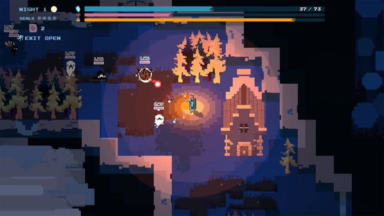 Gameplay of old-school pixelated style graphics of a house in a forest