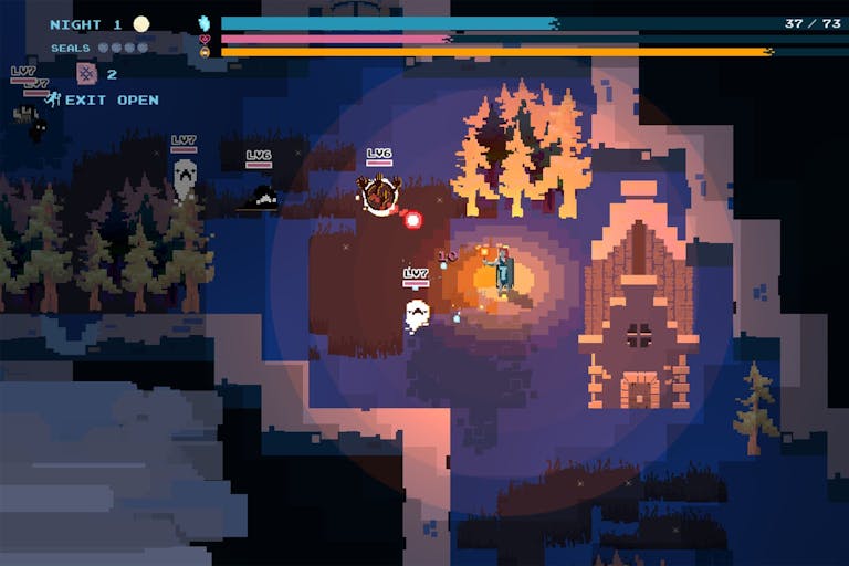 Gameplay of old-school pixelated style graphics of a house in a forest