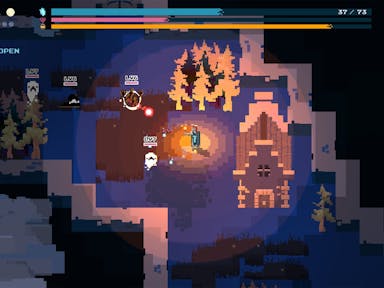 Gameplay of old-school pixelated style graphics of a house in a forest