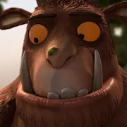 Animation of a large brown furry creature with long teeth, yellow eyes and wart on his nose, gently holding a small mouse