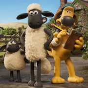 Stop motion claymation of a sheep, a little lamb and a brown dog outside a farmhouse and field