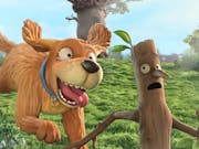 Animation of a dog chasing a brown stick with a face running away