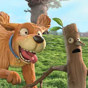 Animation of a dog chasing a brown stick with a face running away
