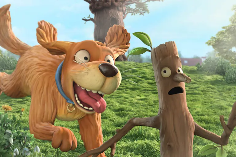 Animation of a dog chasing a brown stick with a face running away
